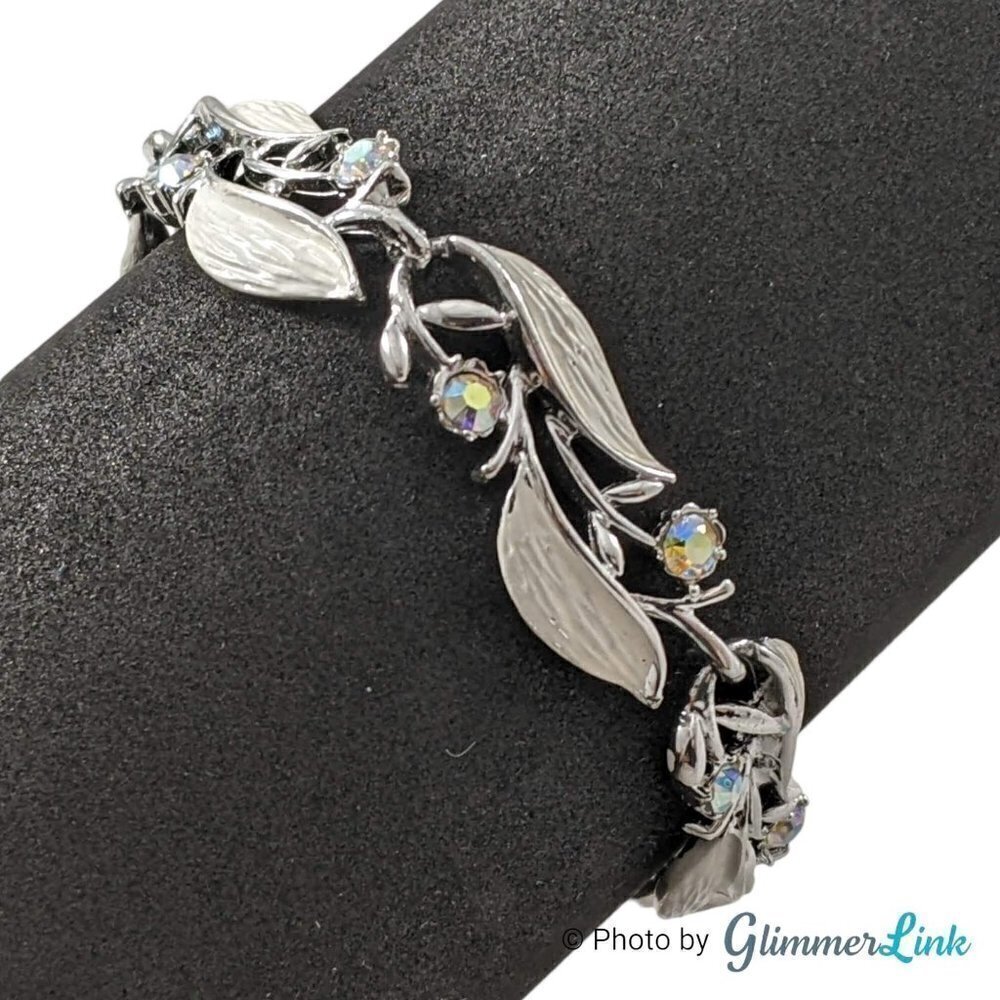 Vintage White Enamel AB Aurora Borealis Leaf Silver Tone Links Bracelet